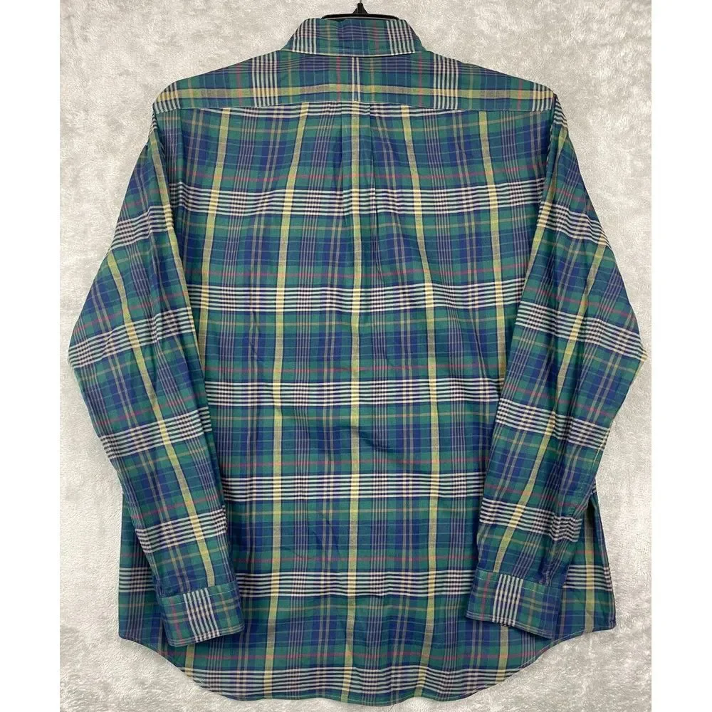 Polo Ralph Lauren Men's Shirt Size Large Green‎ Blue Plaid Long Sleeve Button Up